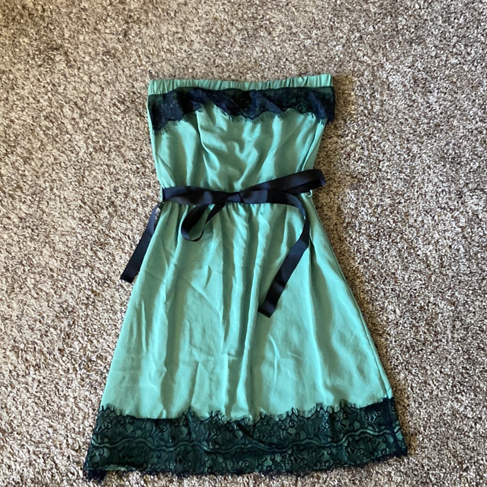 Green and black strapless cocktail dress